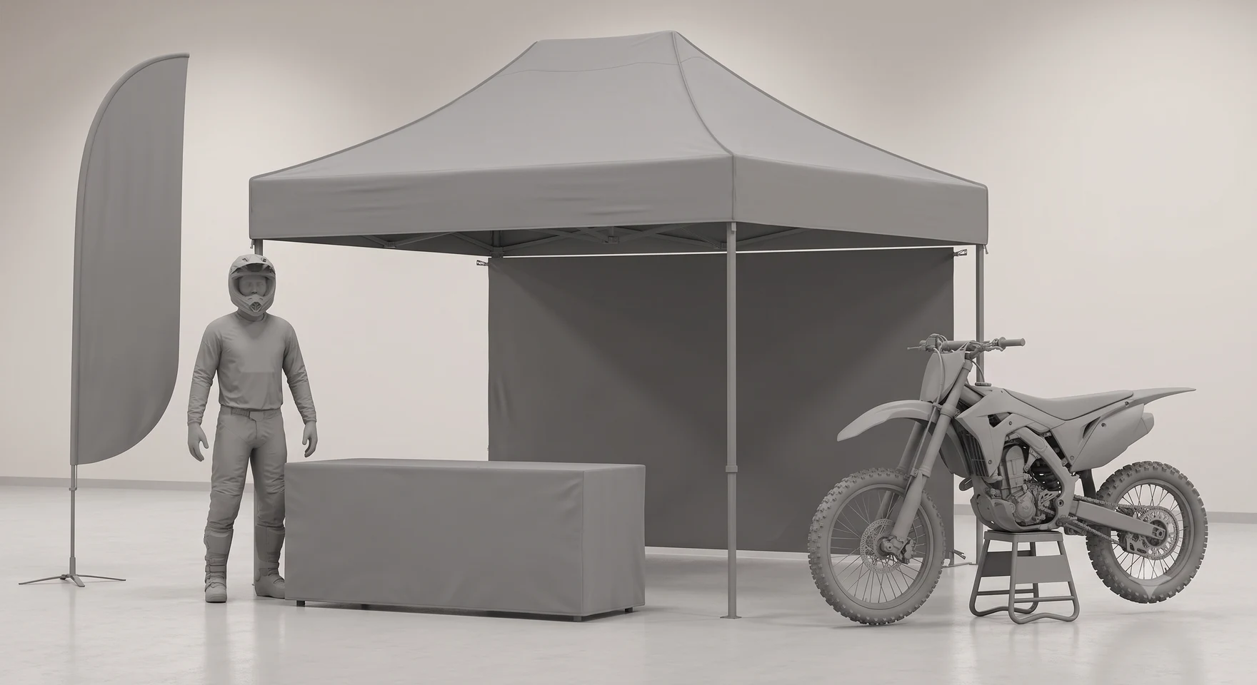 Race pit setup placement diagram — flag, rider, canopy, table and bike